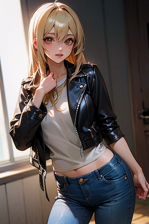 ((high quality)), ((highest quality)), (masterpiece), Delinquent girl, tough appearance, golden eyes, short hairstyle, dirty blonde hair color, grumpy expression, rough face, big breasts, black leather jacket, white shirt, crouching