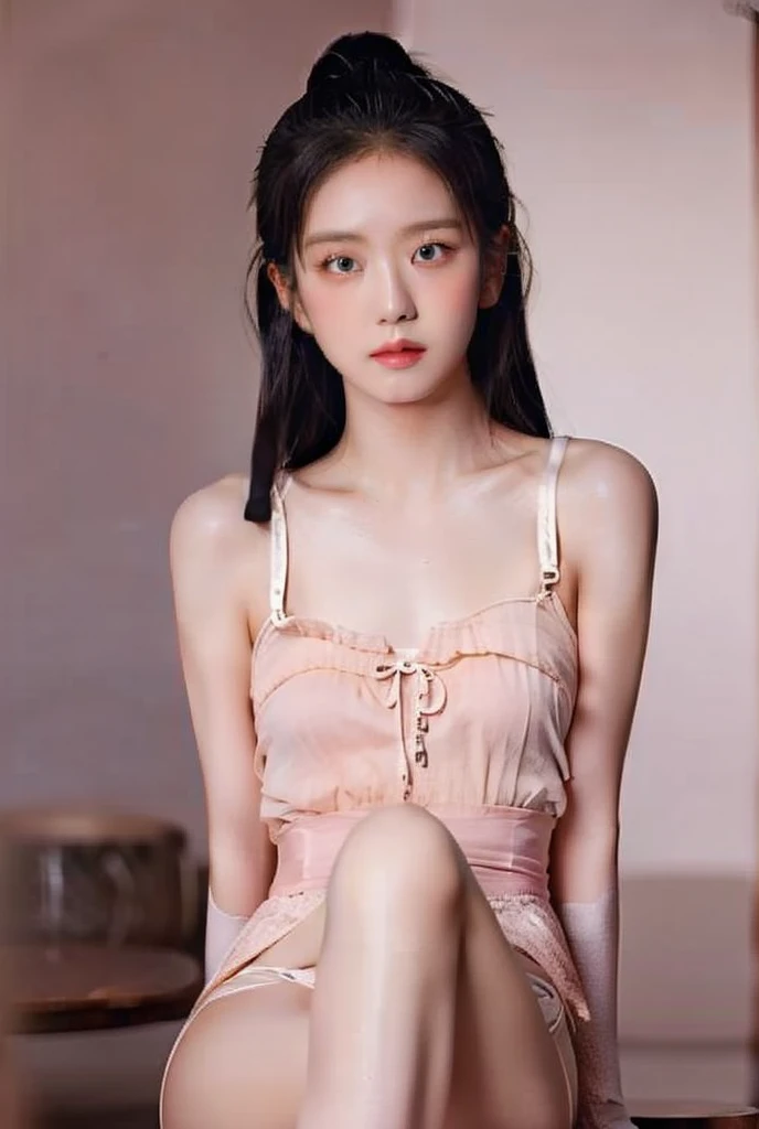 High resolution, Korean woman in centic ,  long dark hair , menggunakan kaos putih oversize bertulis J ❤️ B,  and pink panties