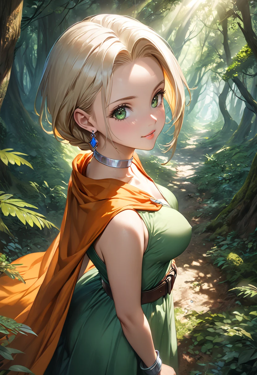 (DQ Bianca, single braid, hair over shoulder, earrings, silver choker, orange cape, green dress, belt, sleeveless, forehead:1.2), ultra-realism, fantasy art scene set in a mystical forest, where sunlight beams pierce through the dense canopy of trees, (cute face, adult face, sexy face:1.1), from above, cowboy shot, BREAK (masterpiece, best quality:1.2), 