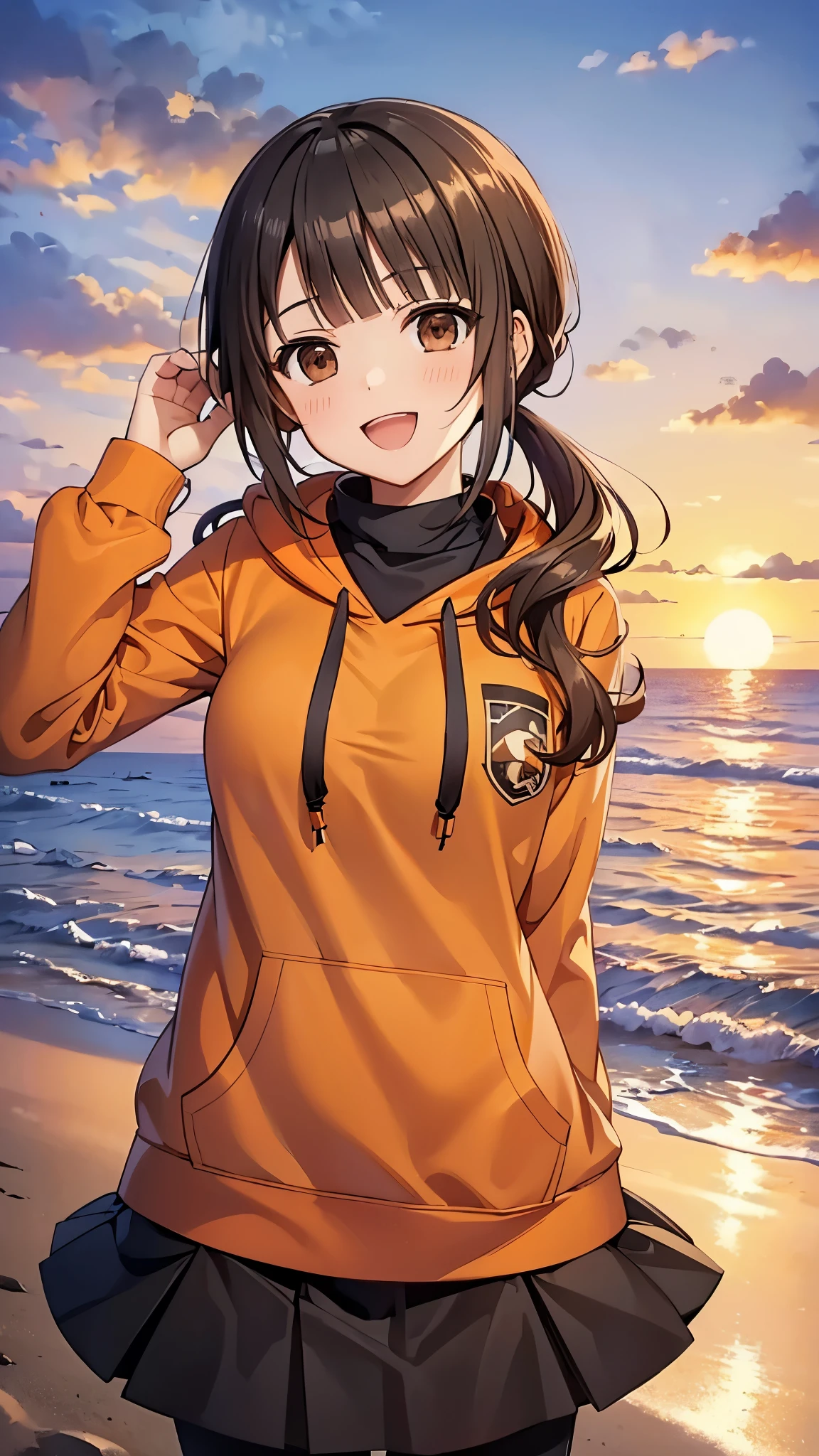 (top quality, greatest masterpiece),okitasawa,low twintale ,(ORANGE HOODIE:1.3),black frill long skirt,black pantyhose, brack coat, anatomically correct body , looking at the camera, very detailed facial features, beautiful and perfect face,(:d:1.3),Sunset sky,Evening summer and winter seashore,((over head shot:1.3)),sea, sandy beach, looking at the camera, Front Angle,The setting sun,red cheek:1.3,red Scarf,upper body shot:1.3, Horizontal Line