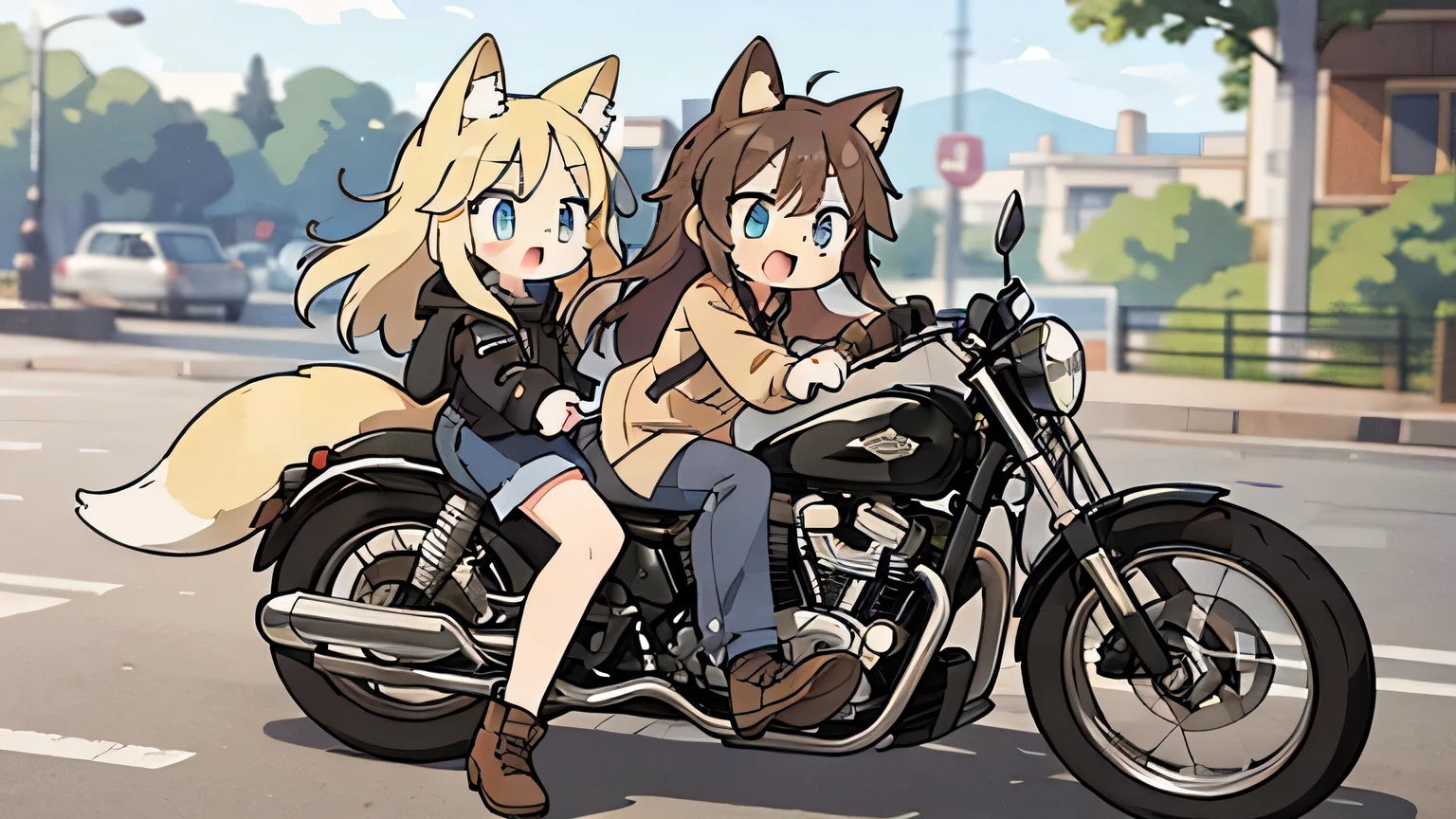  1 girl,22 years old, long hair, dark blue eyes, brown hair, fox ears, tail,riding a motorcycle