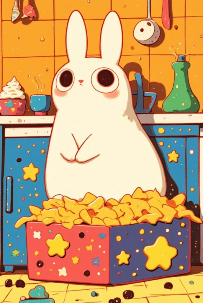     Miffy rabbit sitting on a box of nachos in the kitchen, ice cream ,  sprinkled with chocolate chips   ,Storybook illustration , close up   ,    close up   ,     60s cartoon    ,    Full color illustrations  ,    Additional Details   ,      60s style animation   ,Coloring book cover  , close-up,    close up   , 中景close up ,Anime pop    ,    minimalism  ,    textbook color illustration   ,  In the icloo ,   picture of any book   , Print!,    any book illustration   ,   any book illustration  ,   Animated Movie Stills  ,  Vignette ,  close up ,  close up ,  Full color illustrations ,    picture book illustration   , miffy art  