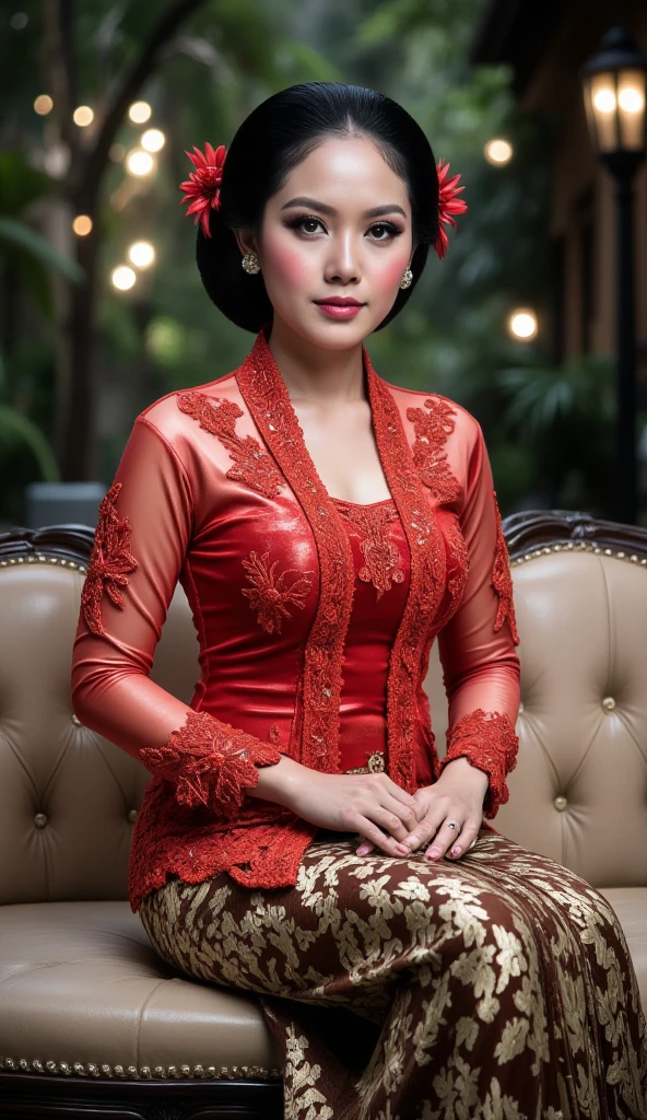 An elegant Indonesian woman sits gracefully on a beige couch in an outdoor setting. She wears a shimmering transparent red kebaya with detailed floral lacework and transparent long sleeves, combined with a traditional brown and gold batik skirt. Her makeup highlights her features with pink blush, full eyebrows, and coral lips. Her black hair is neatly tied back in a bun, decorated with red flowers. The background is filled with soft-focus greenery and warm, ambient bokeh lights.
