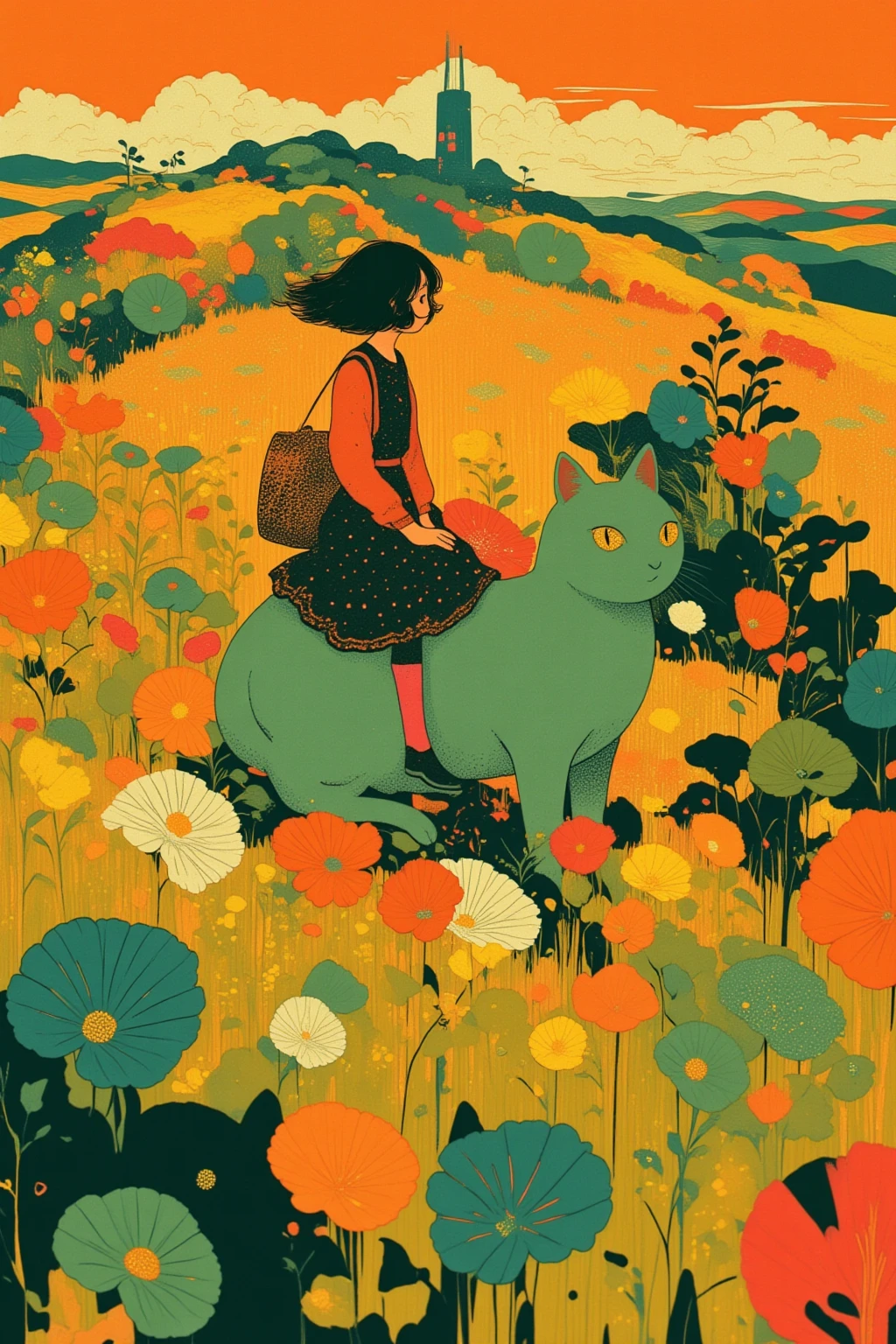  There is a picture of a girl sitting on the back of a giant ghost cat, Metallic Orange and Apple Green , An elaborate painting inspired by Paul Ranson , polycount,   naive art ,  Additional Details ,  graphic details , Stylized Paintings , Detail shot, fake hidden detail,  mythical flower hill , Blurred、 dreamy illustration ,  middle close-up ,  middle close-up  shot,tower