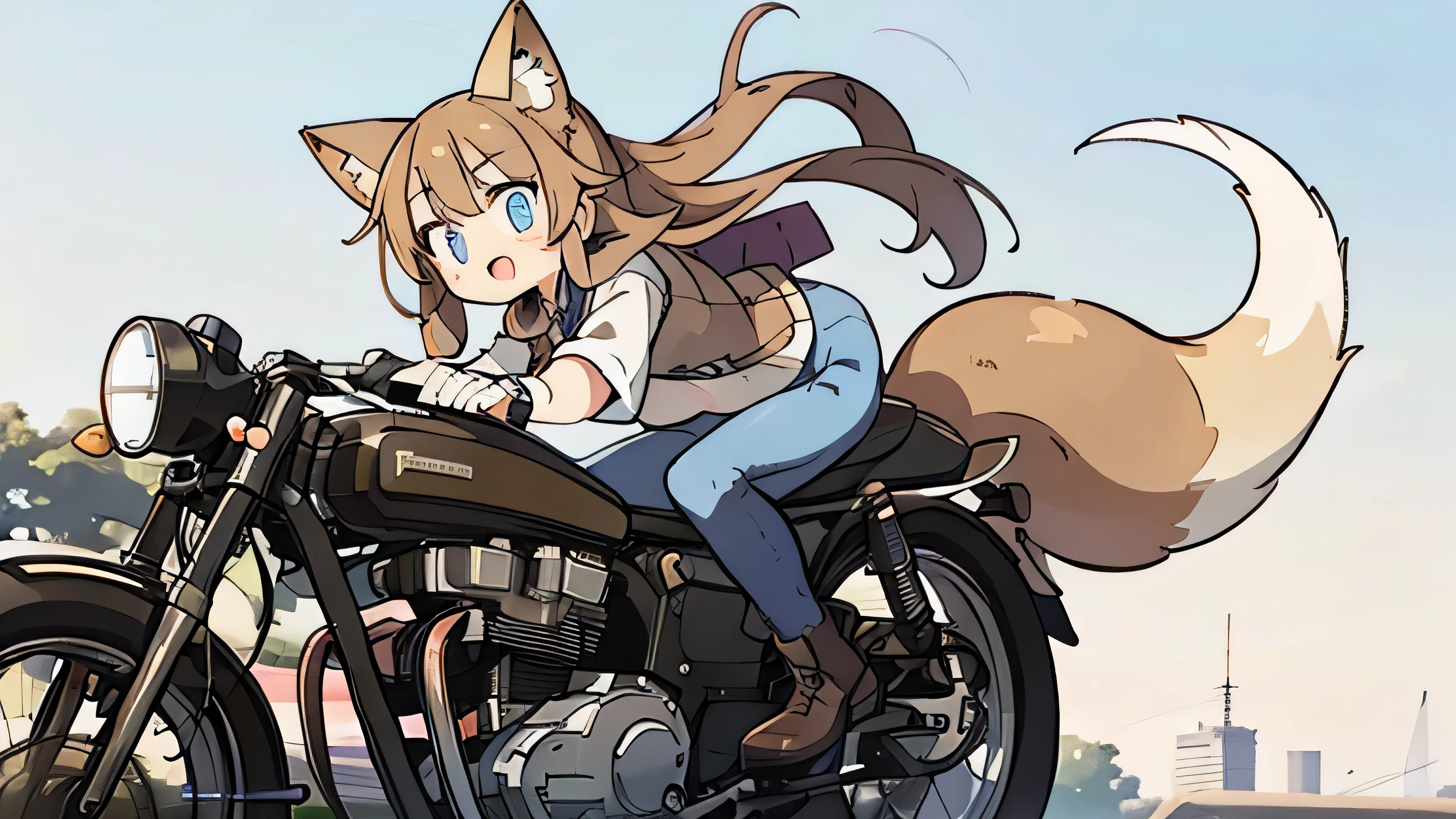  1 girl,22 years old, long hair, dark blue eyes, brown hair, fox ears, tail,riding a motorcycle