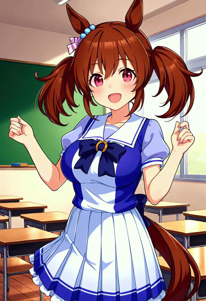 hishi akebono、 umamusume　Hishiakebono、 is tall、dark brown horse ears and tail、white and purple uniform 、 big breasts、 twin tails、 red eyes、white and purple outfit 、 light brown hair、 smile、Background is a school classroom、 top quality