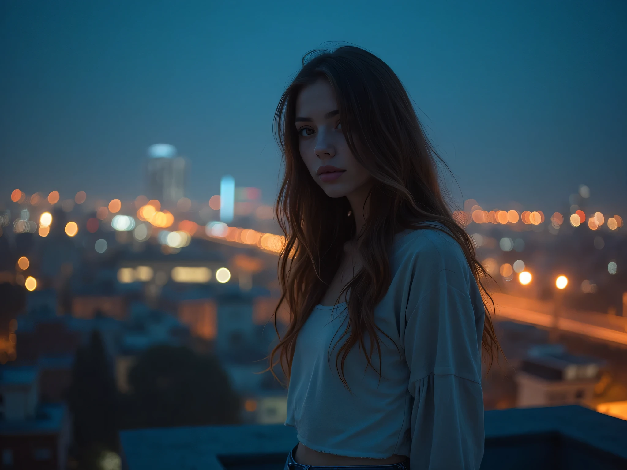 Arafed woman standing on a rooftop overlooking a city at night - SeaArt AI