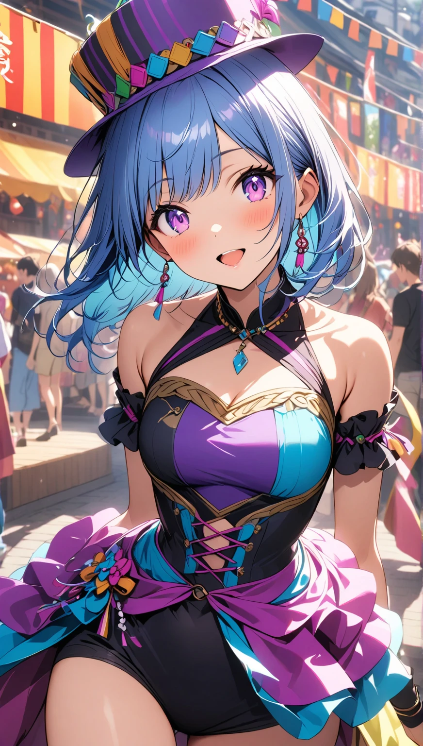 anime manga in 4D vivid colors high quality sombria art sexy seios duros rígidos empinados tits Goku + nami lol fênix Portrait front view of a girl standing in a mystical marketplace with purple gold hair in a flowing ponytail in a dynamic pose she is holding a glass of bubbling potion out to the view blue eye in the background are busy vendors and magical light and smoke from the various market stalls anime style intricate detailed bright colors arco íris fantasy concept art digital art intricate oil on canvas
