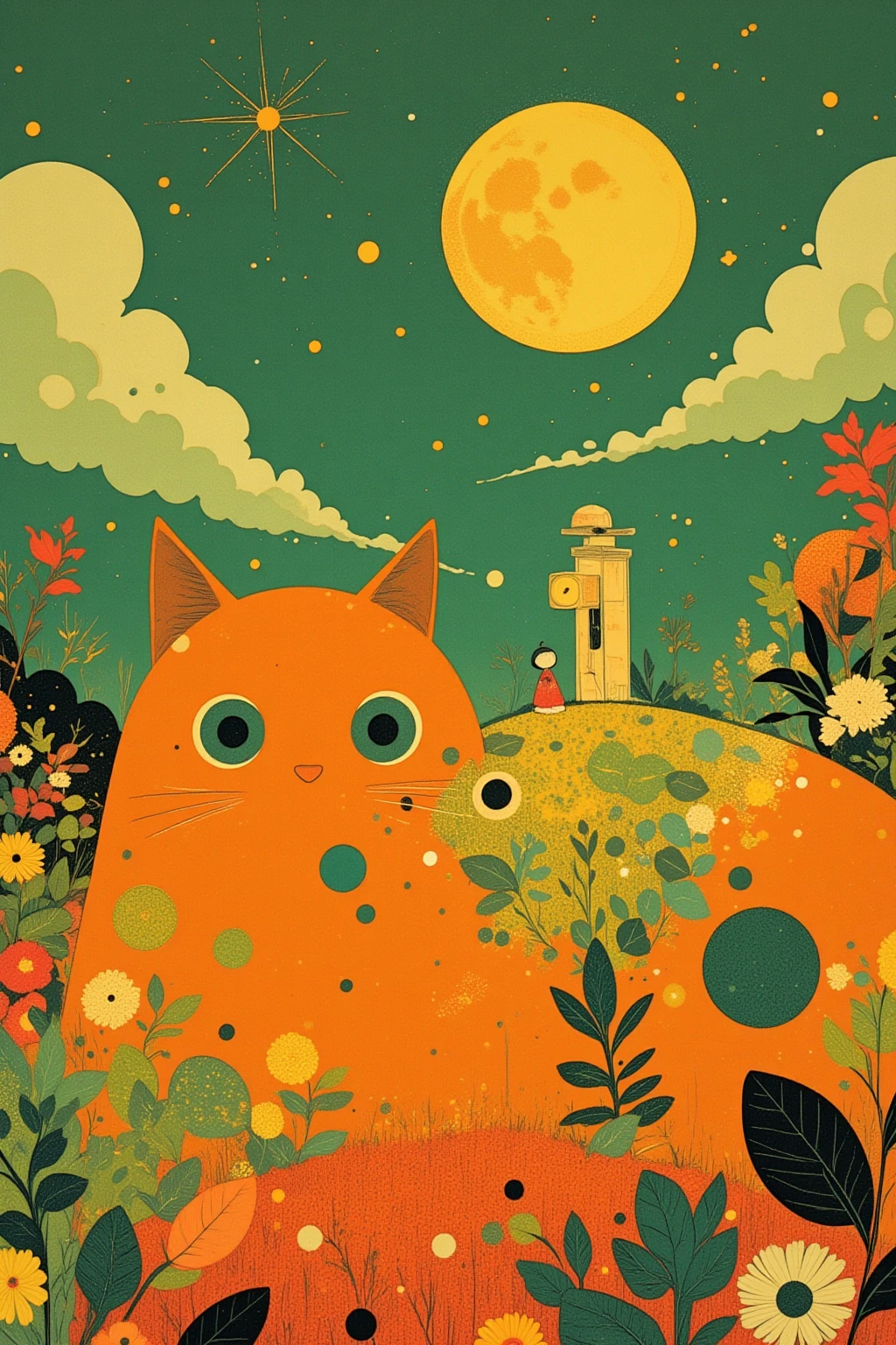  There is a picture of a girl sitting on the back of a giant ghost cat, Metallic Orange and Apple Green , An elaborate painting inspired by Paul Ranson , polycount,   naive art ,  Additional Details ,  graphic details , Stylized Paintings , Detail shot, fake hidden detail,  mythical flower hill , Blurred、 dreamy illustration ,  middle close-up ,  middle close-up  shot,Clock Tower