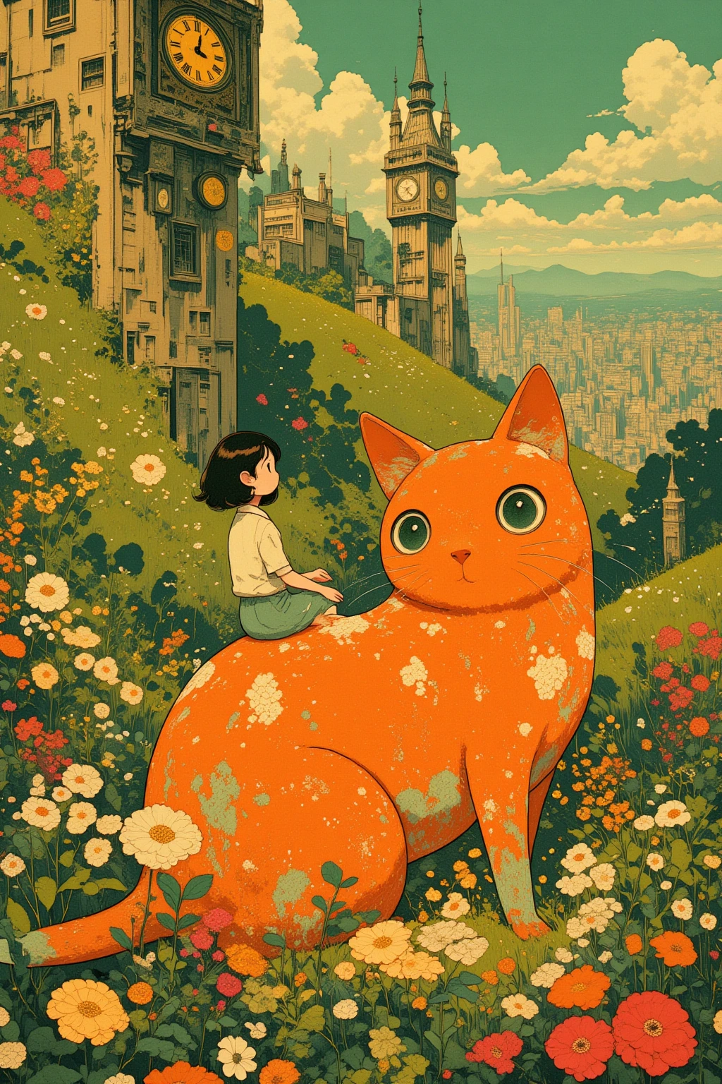  There is a picture of a girl sitting on the back of a giant ghost cat, Metallic Orange and Apple Green , An elaborate painting inspired by Paul Ranson , polycount,   naive art ,  Additional Details ,  graphic details , Stylized Paintings , Detail shot, fake hidden detail,  mythical flower hill , Blurred、 dreamy illustration ,  middle close-up ,  middle close-up  shot,Clock Tower