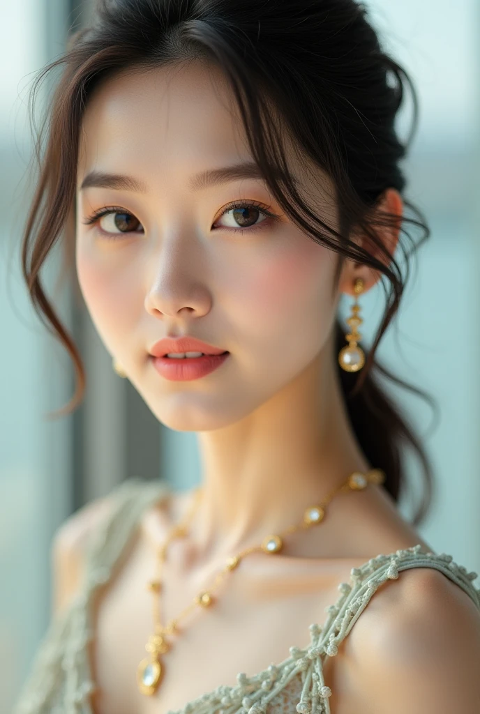 The female model wears gorgeous and delicate butterfly jewelry, brilliant colorful, Fine engraving, Shine brightly, The attention to detail, The jewelry is of high quality, Extremely high image quality,Close-up Shot Shot,16k magazine cover, softlighting, long whitr hair, Closed eyes, Seductive smile, Sideways, Masterpiece,