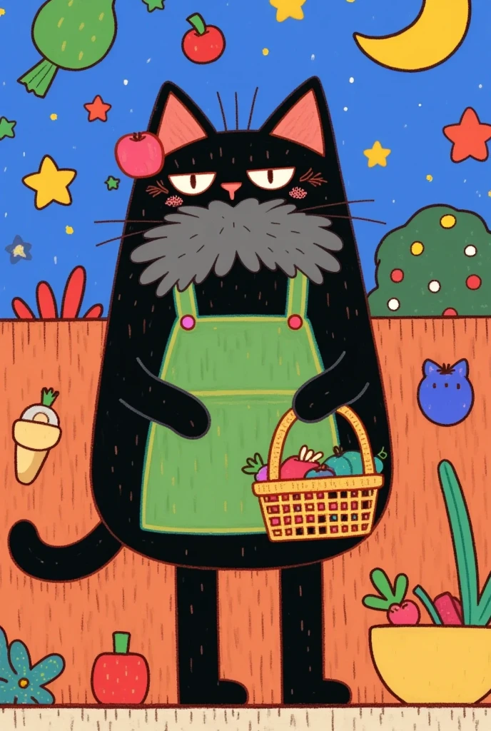    a black cat ， two legs larger than a human  \ girl,    wearing a green apron   ,   gray fur from nose to stomach  , gray mouth  ,   with droopy ears ,  outward ears   ,   poor eyesight  ,   Charming face , :3,   I have a shopping basket 、 I have vegetables and fish in my hands , I 