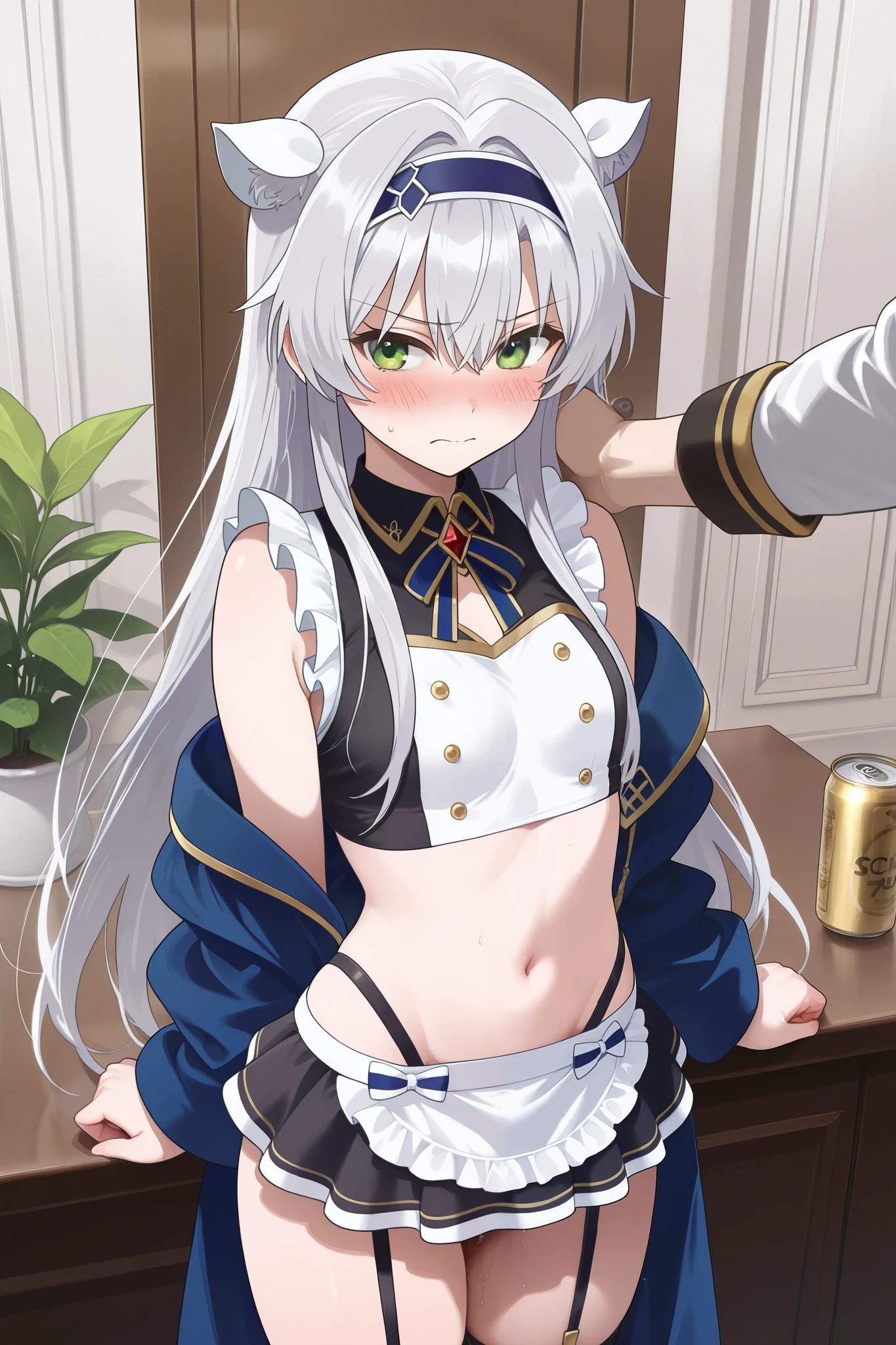 NSFW,masterpiece, top quality, high definition, very detailed,Sistine＝Fiebel 、 Roku Denashi Magi Instructor and Akashic Records、 green eyes、 gray hair、stupid hair、 small breasts、 long hair、 blue headband 、 fake animal ears , maid clothes , crop top, off shoulder, micro mini skirt, garter belt,Groin,Nobleman&#39;s Mansion,Office,Embarrassed,blush, get sexually harassed ,Can you hug your shoulder,My crotch is wet