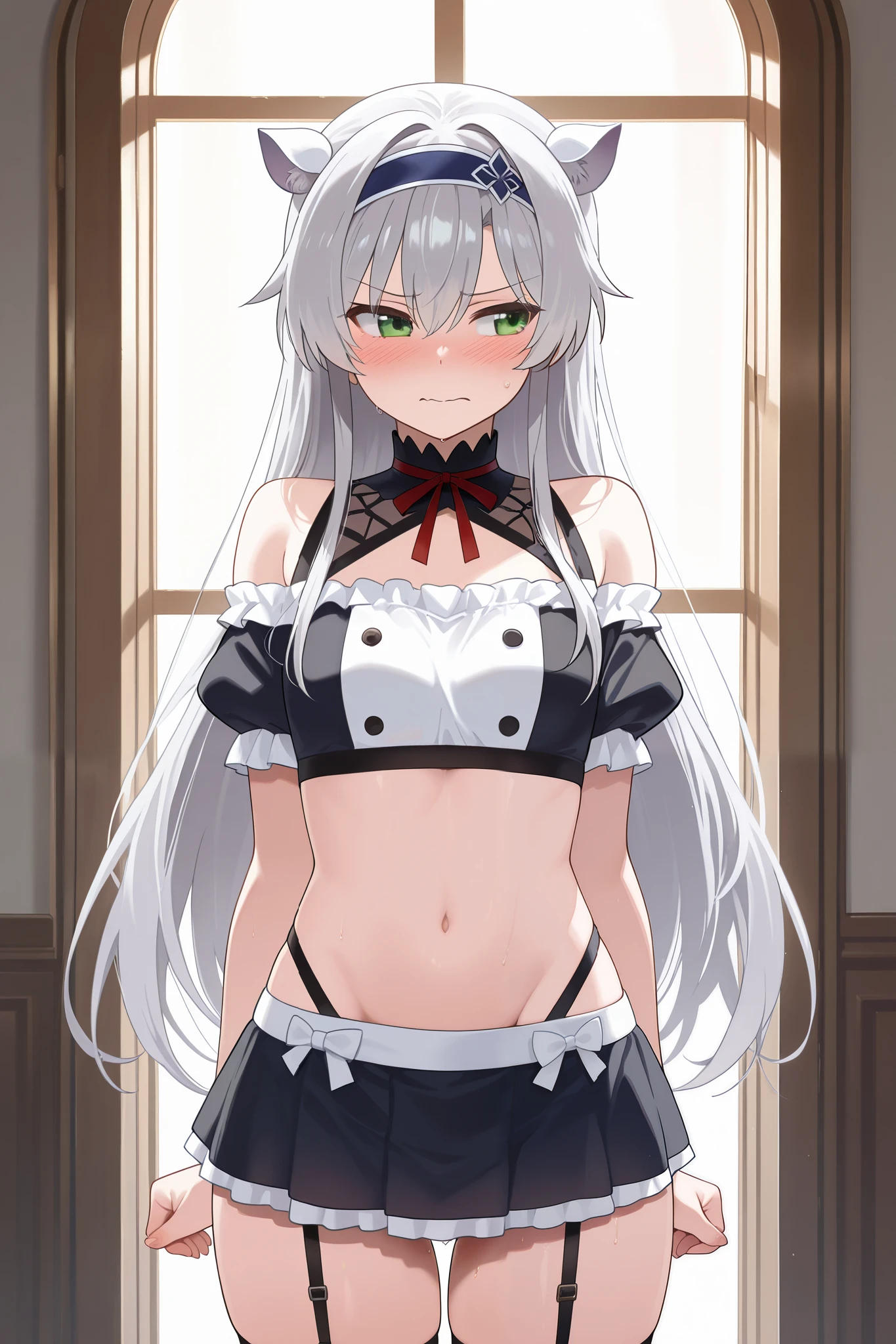 NSFW,masterpiece, top quality, high definition, very detailed,Sistine＝Fiebel 、 Roku Denashi Magi Instructor and Akashic Records、 green eyes、 gray hair、stupid hair、 small breasts、 long hair、 blue headband 、 fake animal ears , maid clothes , crop top, off shoulder, micro mini skirt, garter belt,Groin,Nobleman&#39;s Mansion,Office,Embarrassed,blush, get sexually harassed ,Can you hug your shoulder,My crotch is wet