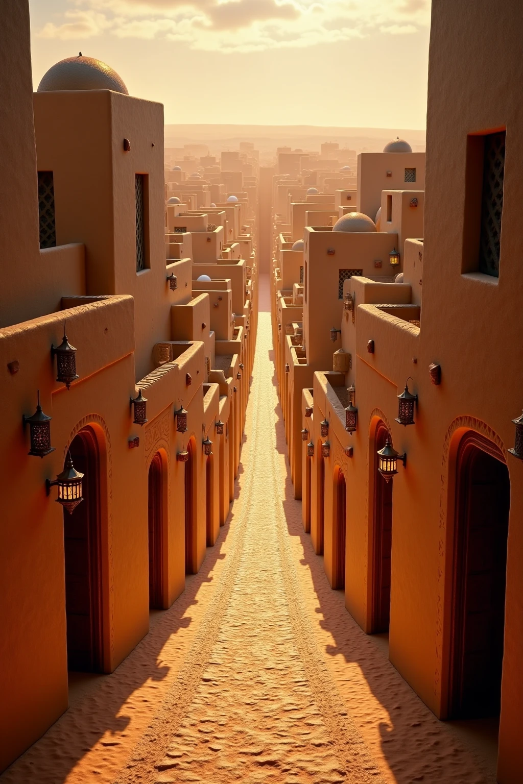 A never-ending road winding through a labyrinth of closely packed houses inspired by a medieval Arabian city. The houses feature flat roofs, domed structures, arched windows, and ornate wooden doors with intricate carvings. Some walls are adorned with subtle geometric patterns or decorative niches, while others are smooth and sun-baked, showcasing earthy tones like sand, ochre, and terracotta. The road is straight and illuminated by a soft, ambient glow, appearing to stretch infinitely into the horizon. The perspective is set lower, closer to the ground, emphasizing the majestic and ancient feel of the labyrinth despite the buildings’ modest height. Warm light pours out from windows and lanterns hanging above doorways, casting long, textured shadows. Overhead, an overcast sky with faint, swirling clouds enhances the mysterious and timeless atmosphere of the scene