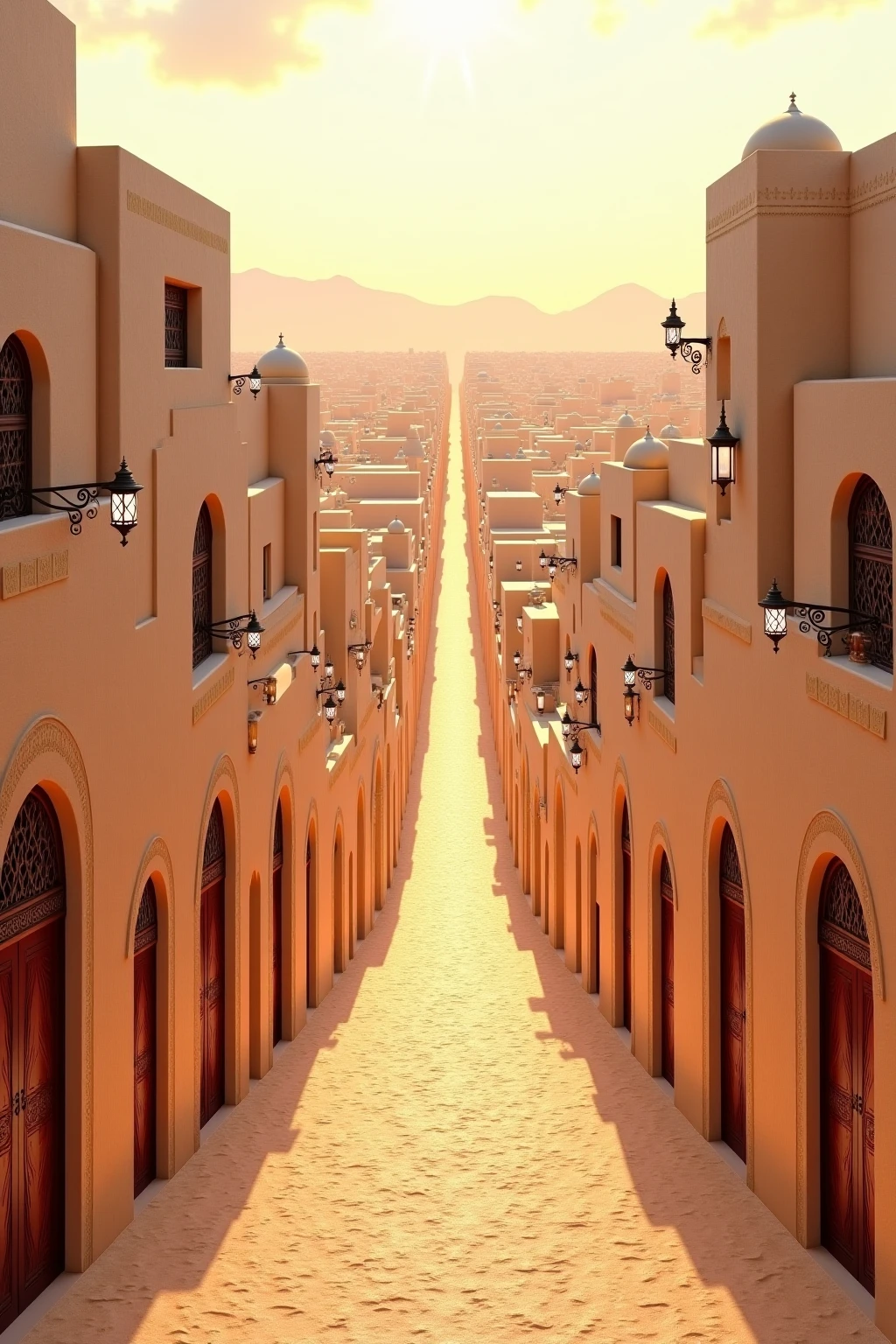 A never-ending road winding through a labyrinth of closely packed houses inspired by a medieval Arabian city. The houses feature flat roofs, domed structures, arched windows, and ornate wooden doors with intricate carvings. Some walls are adorned with subtle geometric patterns or decorative niches, while others are smooth and sun-baked, showcasing earthy tones like sand, ochre, and terracotta. The road is straight and illuminated by a soft, ambient glow, appearing to stretch infinitely into the horizon. The perspective is set lower, closer to the ground, emphasizing the majestic and ancient feel of the labyrinth despite the buildings’ modest height. Warm light pours out from windows and lanterns hanging above doorways, casting long, textured shadows. Overhead, an overcast sky with faint, swirling clouds enhances the mysterious and timeless atmosphere of the scene