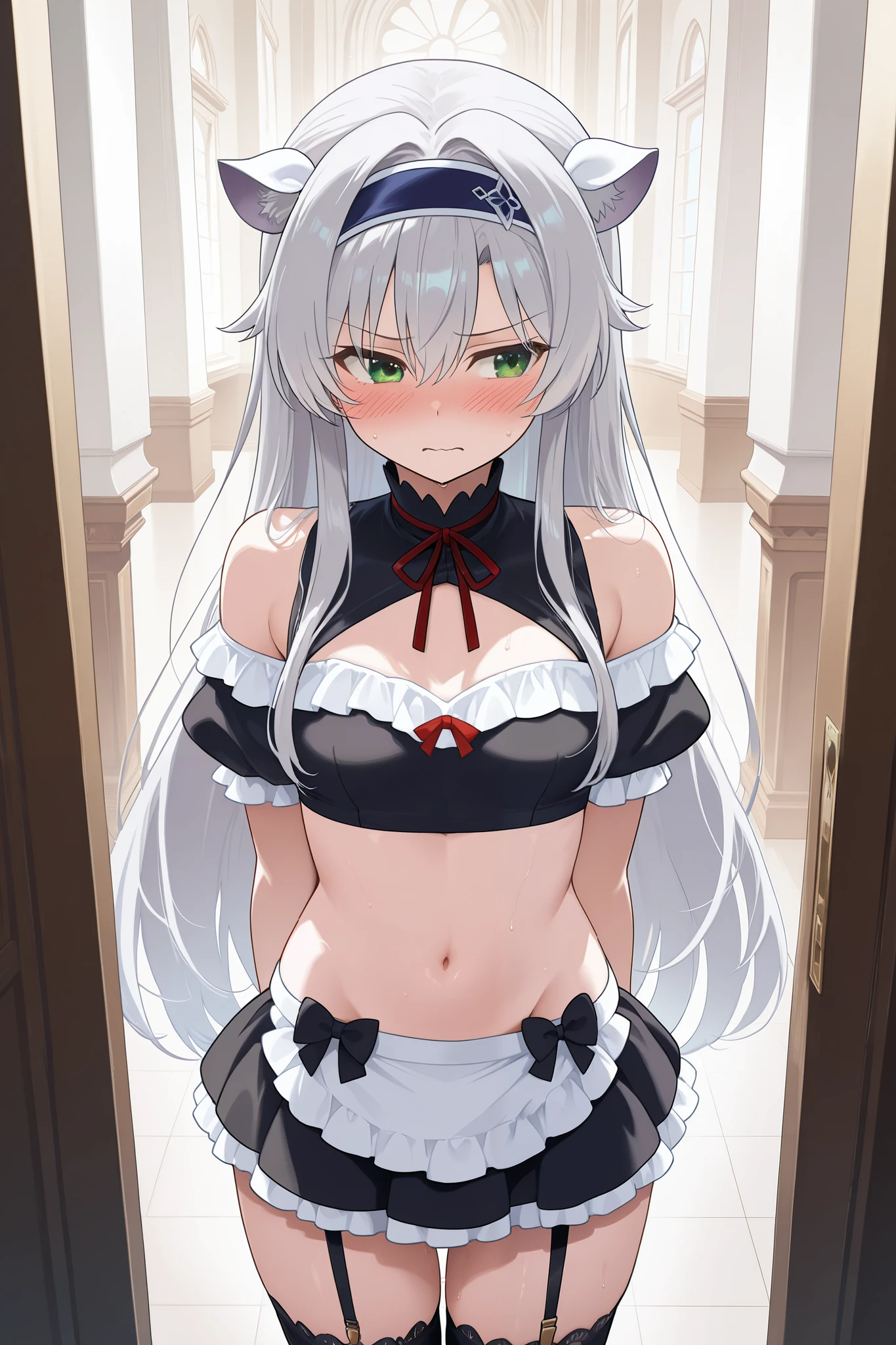 NSFW,masterpiece, top quality, high definition, very detailed,Sistine＝Fiebel 、 Roku Denashi Magi Instructor and Akashic Records、 green eyes、 gray hair、stupid hair、 small breasts、 long hair、 blue headband 、 fake animal ears , maid clothes , crop top, off shoulder, micro mini skirt, garter belt,Groin,Nobleman&#39;s Mansion,Office,Embarrassed,blush, get sexually harassed ,Can you hug your shoulder,My crotch is wet