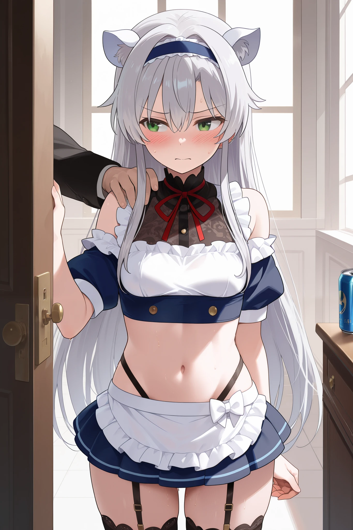 NSFW,masterpiece, top quality, high definition, very detailed,Sistine＝Fiebel 、 Roku Denashi Magi Instructor and Akashic Records、 green eyes、 gray hair、stupid hair、 small breasts、 long hair、 blue headband 、 fake animal ears , maid clothes , crop top, off shoulder, micro mini skirt, garter belt,Groin,Nobleman&#39;s Mansion,Office,Embarrassed,blush, get sexually harassed ,Can you hug your shoulder,My crotch is wet