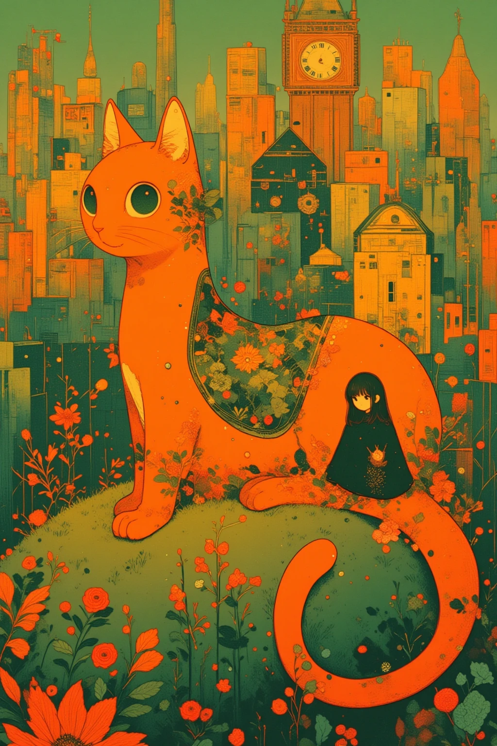  There is a picture of a girl sitting on the back of a giant ghost cat, Metallic Orange and Apple Green , An elaborate painting inspired by Paul Ranson , polycount,   naive art ,  Additional Details ,  graphic details , Stylized Paintings , Detail shot, fake hidden detail,  mythical flower hill , Blurred、 dreamy illustration ,  middle close-up ,  middle close-up  shot,Clock Tower