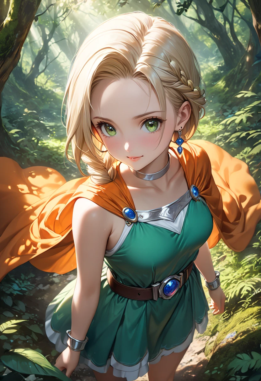 (DQ Bianca, single braid, hair over shoulder, earrings, silver choker, orange cape, green dress, belt, sleeveless, forehead:1.2), ultra-realism, fantasy art scene set in a mystical forest, where sunlight beams pierce through the dense canopy of trees, (cute face:1.1), from above, cowboy shot, BREAK (masterpiece, best quality:1.2), 