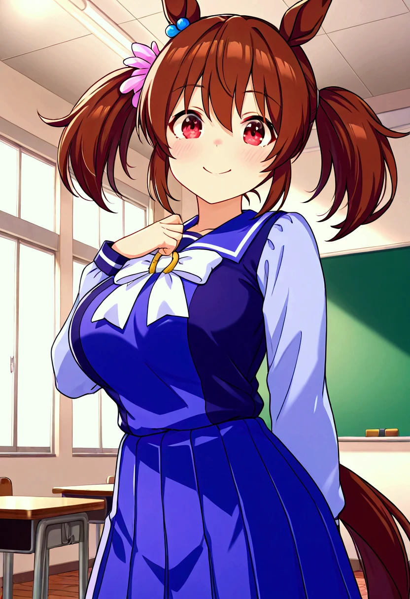 hishi akebono、 umamusume　Hishiakebono、 is tall、dark brown horse ears and tail、white and purple uniform 、 big breasts、 twin tails、 red eyes、white and purple outfit 、 dark brown hair 、 smile、Background is a school classroom、 top quality