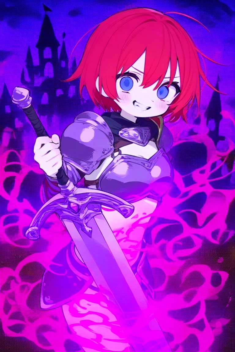 masterpiece, best quality, 1girl, handmade style, HighPriestRO, ragnarok online high priest, edium spiked pastel blue flipped hair, hair over one eye, swept bangs, messy hair, (bapv, red theme), medium breasts, looking at viewer, sitting facing viewer, cross ornaments, white see-through juliet sleeves, red corset, clothing cutout, shoes, gold ribbons, highres, portrait, solo, full body, serious, red crosier staff
