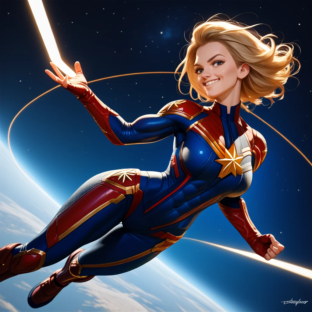 a girl, Brie Larson plays Captain Marvel, show her back, beautiful face, Blue eyes, details face, kneeling, Convex, cameltoe,sexy bra, sexy thongs, sexy feet,Bright colors,background is Universal, in Universe