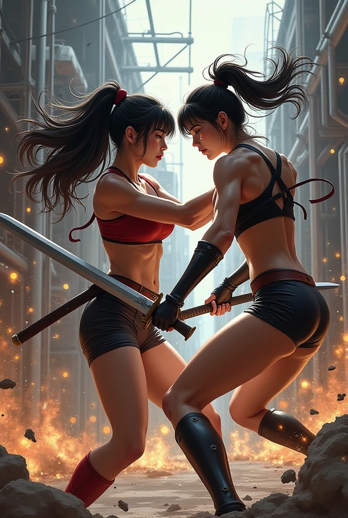 two very sexy anime girls in thongs, clashing attack sticks, highly detailed, digital painting, masterpiece, 8k, photorealistic, dramatic lighting, cinematic composition, intense action, dynamic poses, flowing hair, intricate details, vibrant colors, atmospheric background, fantasy setting