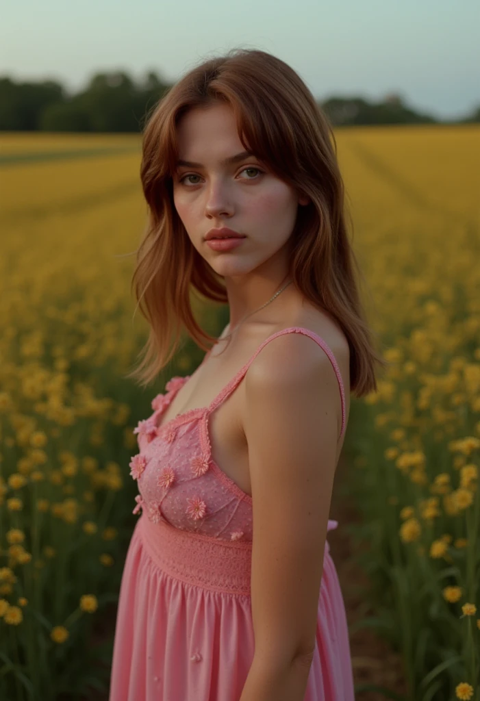 **Analog photography of a redhead girl, 18 years old, with blue eyes, soft makeup, and bold pink puffy lips. Her curly hair frames her very pale skin, highlighting her huge round breasts, she is dressed in a lingerie-set, and gold-wide chains. Oversized eyeglasses(that frame her face), and wears platform-heels on feet.** She is captured on a cute print-blanket, (her mouth is slightly open, her lips almost touching her shoulder), Ethereal atmosphere, The fine art style, attention to details and soft pastel color palette creates a narrative that's both enchanting and delightful. Second Exposure: An overlay of a poppy-flowers. Description: ((The double exposure creates a magical blend where the girl appears to be part of the natural poppy flowers-symbolizing the harmony between humanity and nature. The Chemistry-print background give the image a scientific-like quality)).