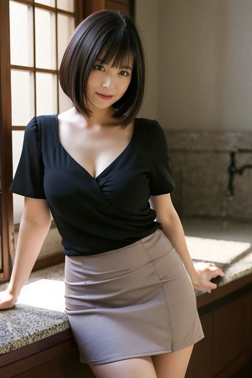 Beautiful Japanese 40-year-old mature women are tall and muscular。Sexy mature woman exposing her breasts。She has short black hair parted in a 7:3 style and wears thin silver glasses.。She is wearing a revealing sleeveless outfit and a tight mini skirt, spreading her meaty thighs to show off her pussy.。