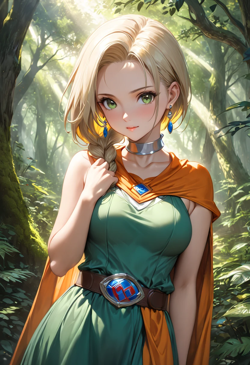 (DQ Bianca, single braid, hair over shoulder, earrings, silver choker, orange cape, green dress, belt, sleeveless, forehead:1.2), ultra-realism, fantasy art scene set in a mystical forest, where sunlight beams pierce through the dense canopy of trees, (cute face, adult face, sexy face:1.1), from front, cowboy shot, BREAK (masterpiece, best quality:1.2), 