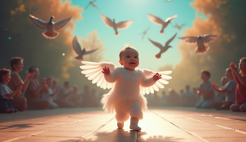 baby in a dove costume walking in the beach happy, brave, magical, cute