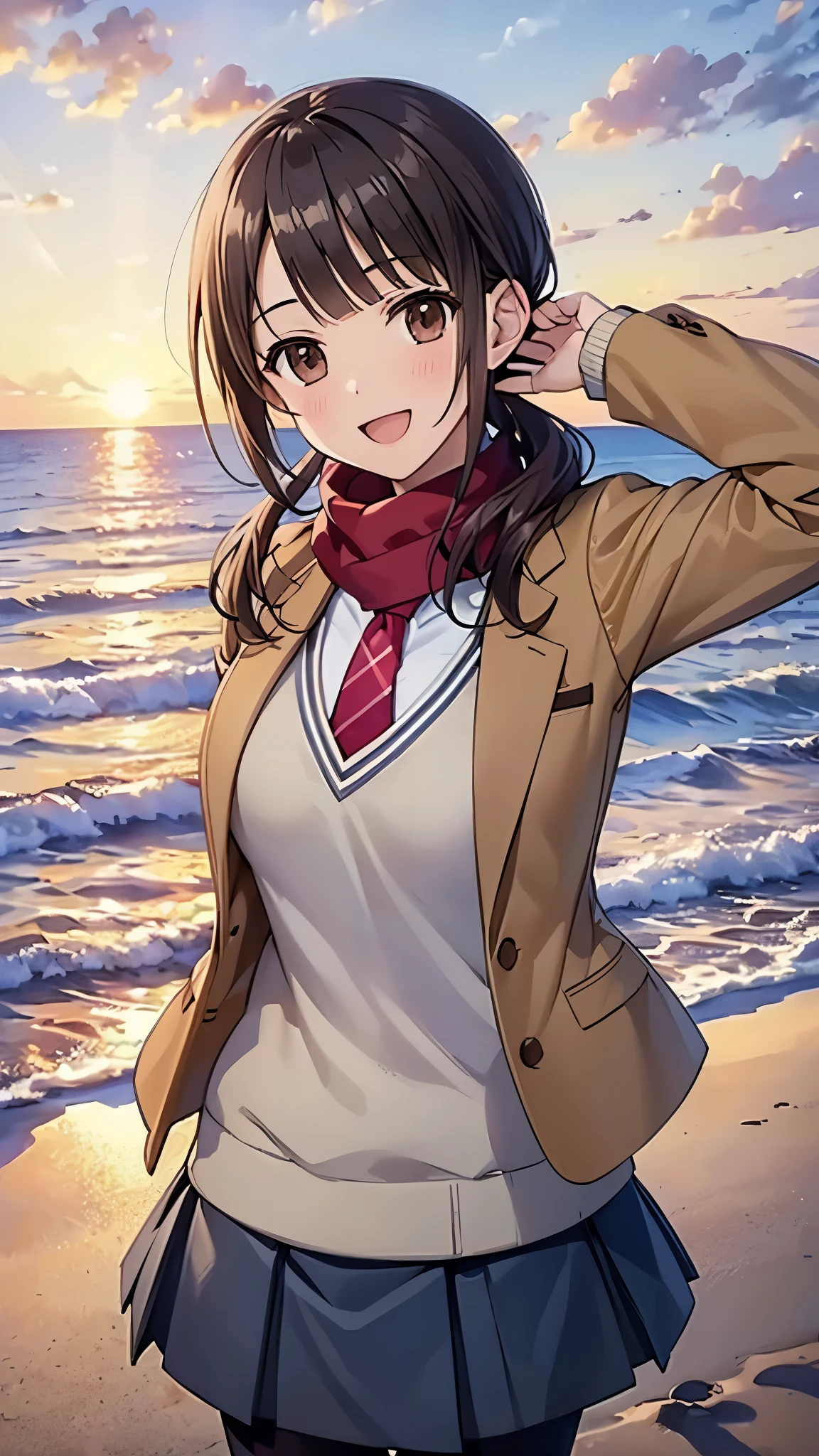 (top quality, greatest masterpiece),okitasawa,low twintale ,brown jacket, red necktie, yellow sweater vest, blue skirt, pantyhose, anatomically correct body , looking at the camera, very detailed facial features, beautiful and perfect face,(:d:1.3),Sunset sky,Evening summer and winter seashore,((over head shot:1.3)),sea, sandy beach, looking at the camera, Front Angle,The setting sun,red cheek:1.3,red Scarf,upper body shot:1.3, Horizontal Line