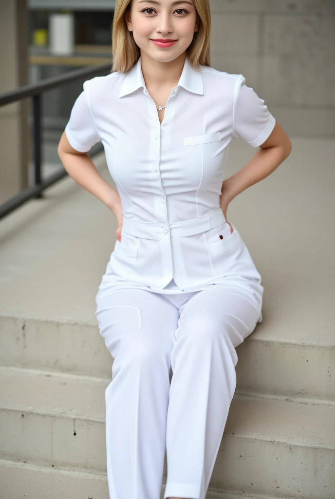  A woman , sitting facing forward, with hands behind the body ,  Full body visible, using a strict nurse uniform,  White Trousers , black formal women's shoes, lips red color black , smiling beautiful , Blonde hair,  using cross necklace 