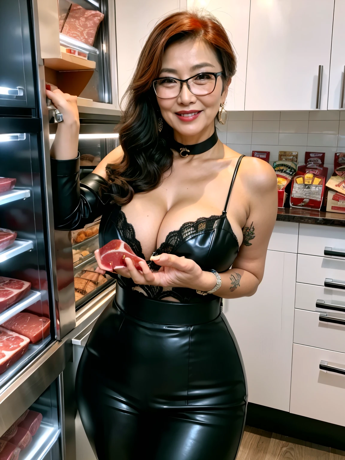 60 years old mom milf Korean, Lady large earring Big choker navel piercing decoration A bracelet Silver Hair realisitic Gorgeous Madame Beautiful Mature Woman sexly Smile Gentle woman navel piercing 4K High quality fish shop Fish Market sale Black leather pencil skirt
