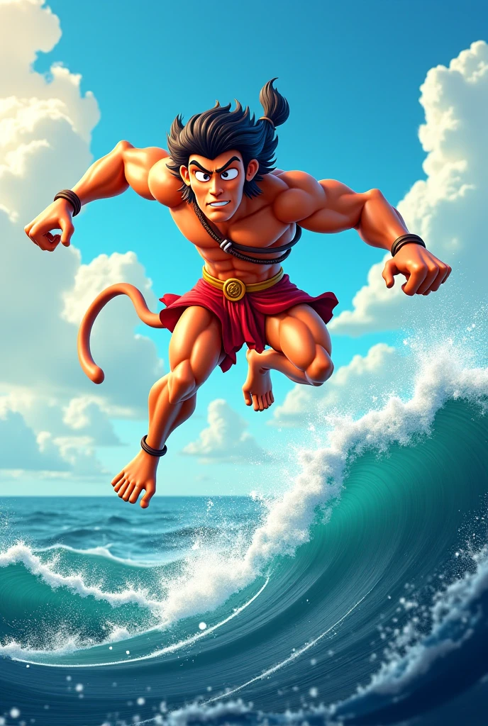 In cinematic 3d cartoon style"Hanuman, the monkey god, leaping across the ocean from India to Lanka with incredible strength and determination. His body is shown mid-air, with a huge ocean beneath him and Lanka's golden spires visible in the distance."