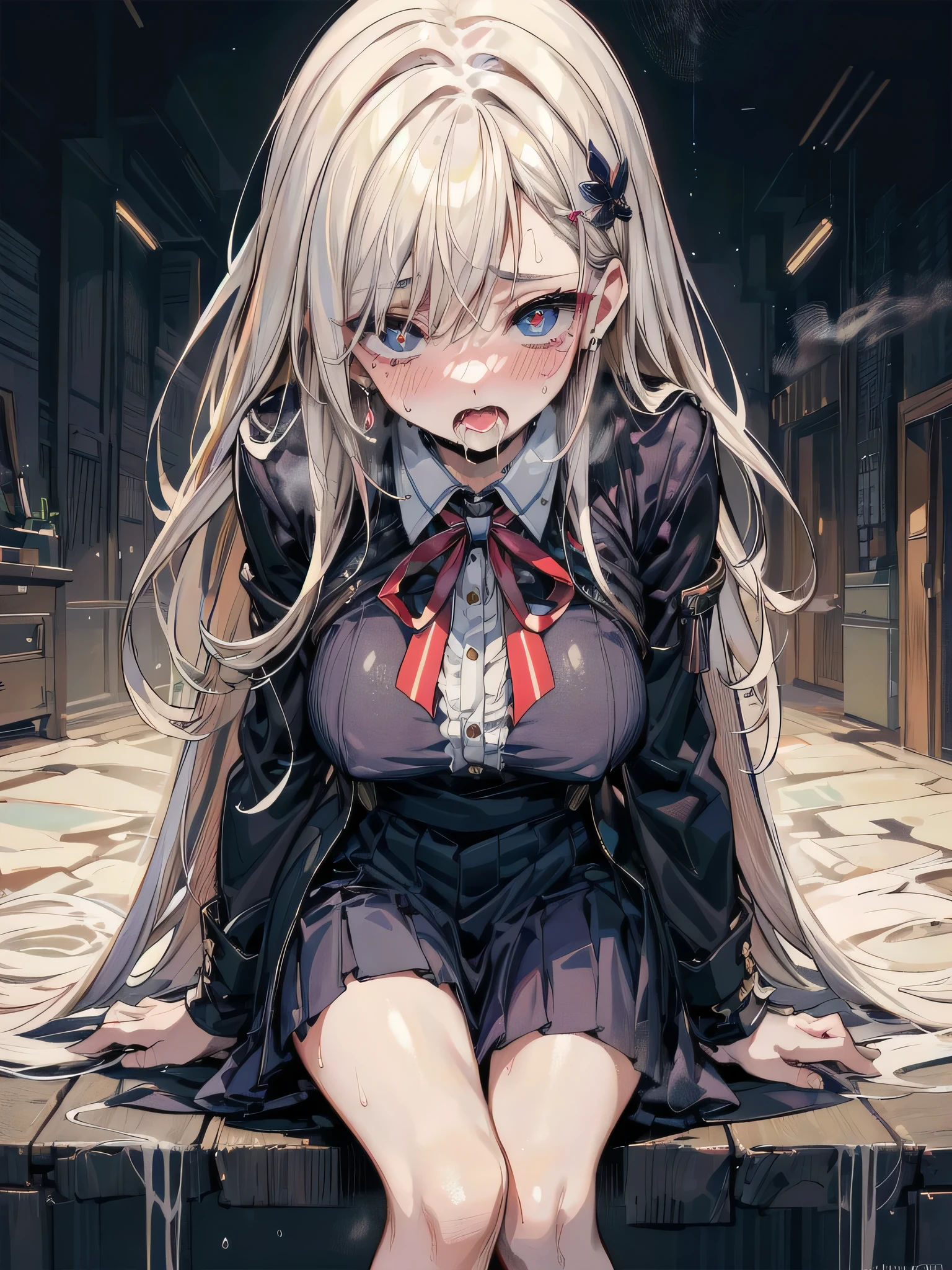 Young girl with grey hair, ((fringed and curly hair)),((curly short twintail)), curly hair ,(red eyes),, ((small bushy eyebrows)), wearing gothic ta clothing, loli, to school, bored eyes, bored face,, (sitting with legs open lifting her skirt to show her vagina wet with semen), sitting missionary sex , male pov, looking from above view