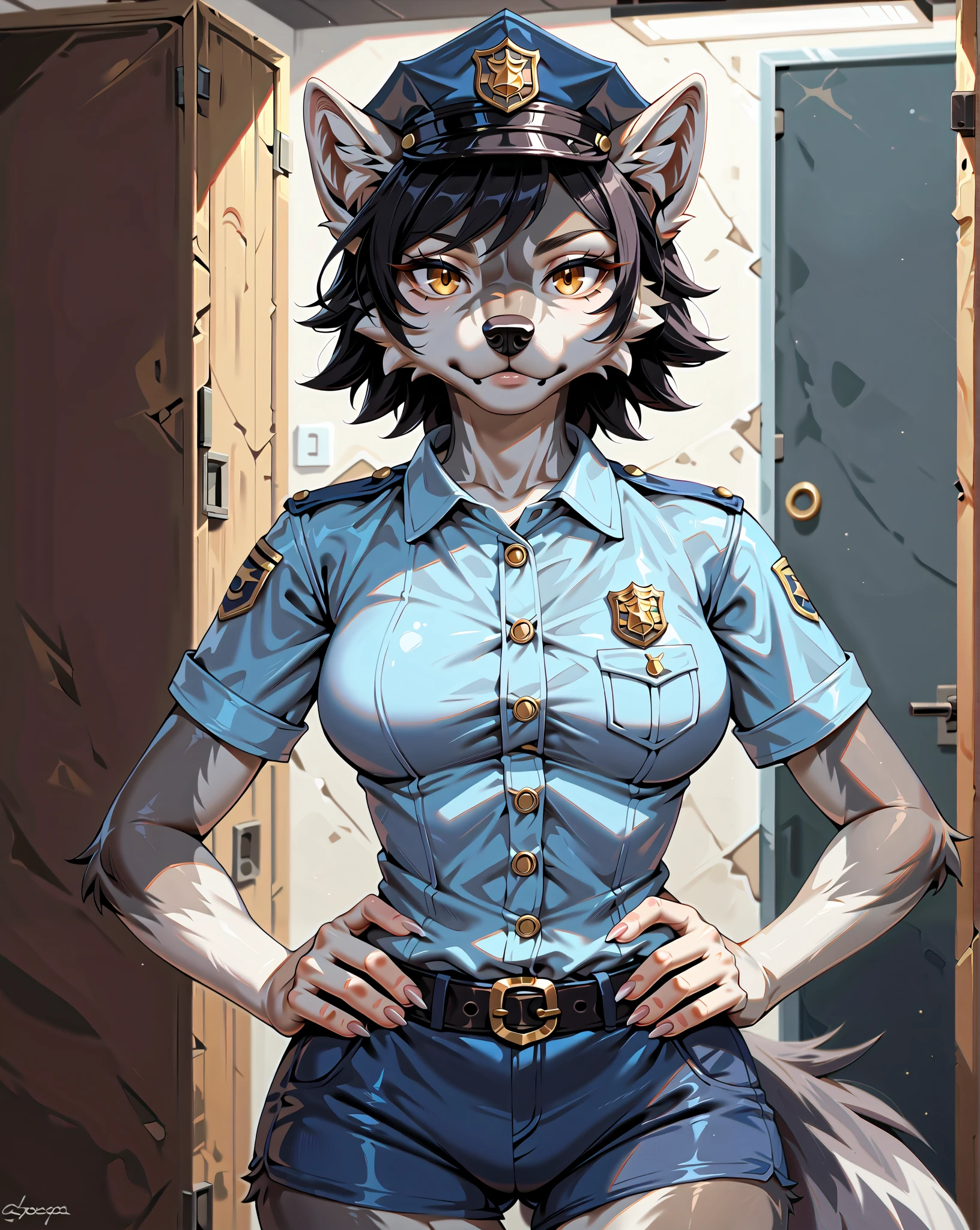 score_9, score_8_up, score_7_up, score_6_up, score_5_up, score_4_up, (detailed face and eyes:1.25), (1 female wolf anthro:1.75), (short hair, black hair, silver fur, gold eyes:1.25), (furry limbs), (realistic), (adult, beautiful, cool, boyish face, confident:1.25), (tall, long muzzle:1.2), (in interrogation room, interrogating viewer:1.5), (police cap, short sleeve shirt, short pants, police uniform:1.35), (staring at viewer, serious, hands on waist:1.15), voluptuous, (PonyScores)