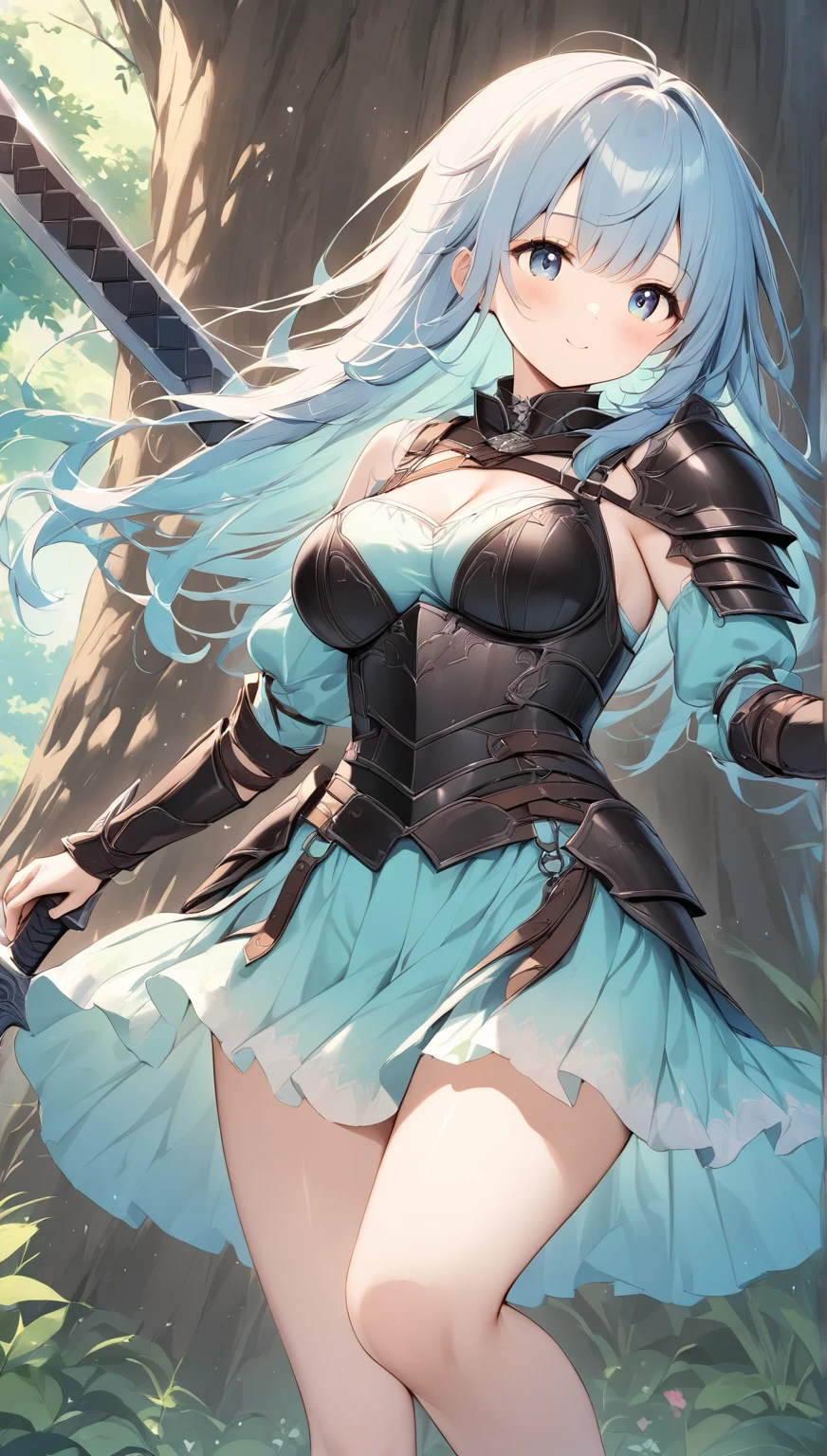 4K,High resolution,one woman,bright blue hair,long hair,red eyes,goblin,big breasts,swordsman,black dress,black gloves,black boots,Japanese sword,in the forest