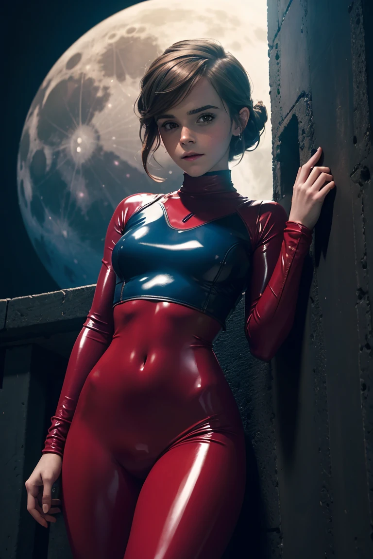 handsome girl, endearing smile, Short Hair Hair, Deadpool, The perfect female face, A detailed eye, long eyelashes, Elegant boots, On the roof of a high-rise building