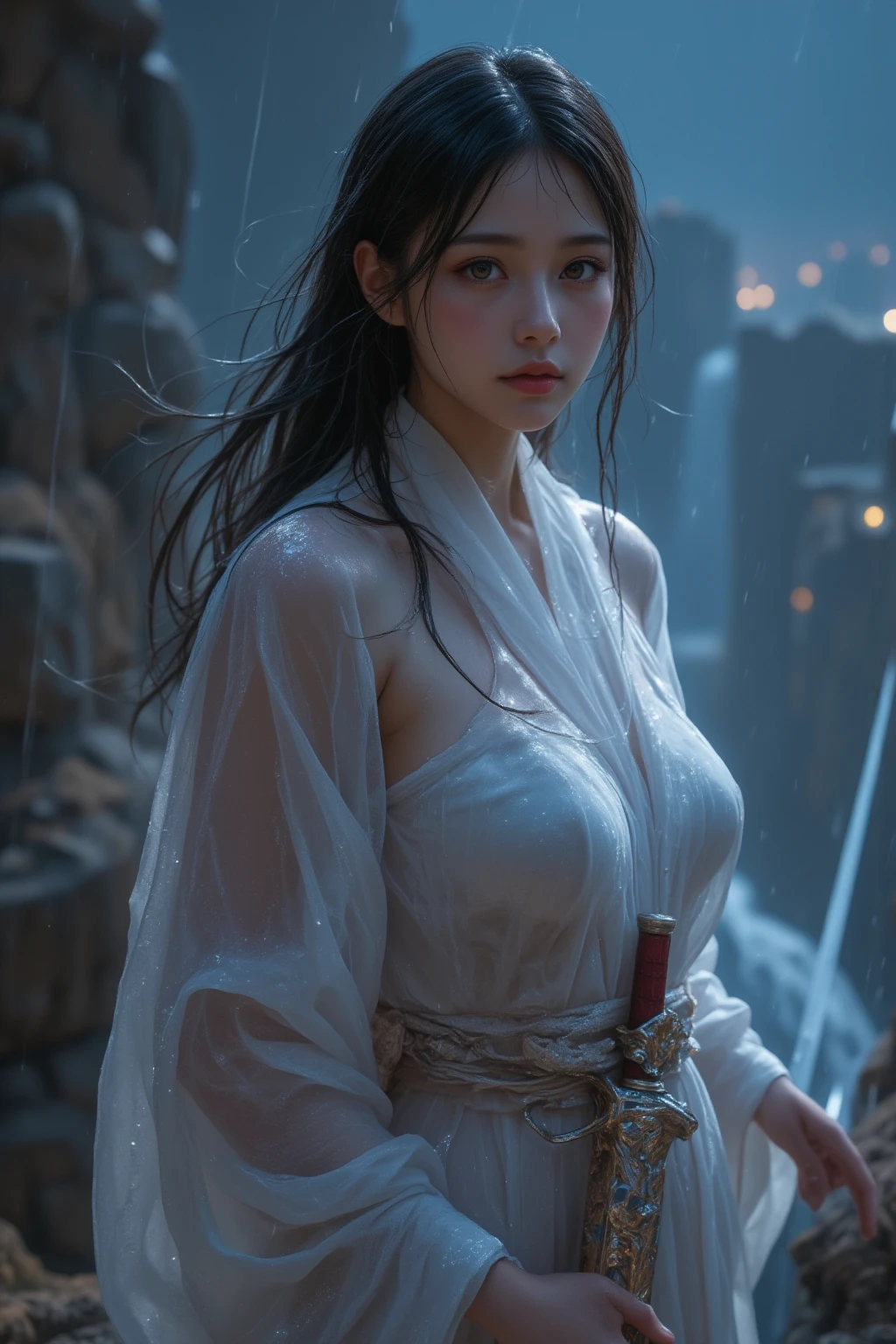 (A woman in her twenties wielding a Japanese sword),(handsome girl), (Hanfu), white skin, surrounded by ink water,Surrounded by the wind, clear face, clear and bright eyes, high detail, whole body, movie lights, motion blur, ray tracing, reflected light, (enlargement), masterpiece, best quality, high quality, high details, super detail, 1080p, UHD, HD, character design, photorealistic, Unreal Machine, concept art, Popularity of Art Station, ((realistic)), looking at viewer, fantasy art, Amazing Gradient Colors, amazing detail,absurd, HDR. Japanese Warring States Period, A little bit of cleavage is visible, Bandaged chest., big bust, sexy, from below, Holding a Japanese sword, swordsman, Bewitching, Your legs are sexy, Undergarments slightly visible, spread the crotch apart, fishnet stockings
