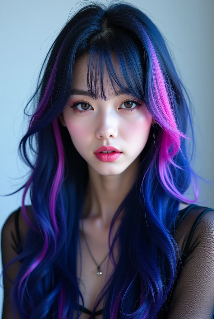 soldier suit girl, gun, superlative, masterpiece, seduction, full body, heavy makeup, hair ties, slightly open mouth, big eyes, glossy, very pretty face, slender waist, sex pack, rainbow hair
