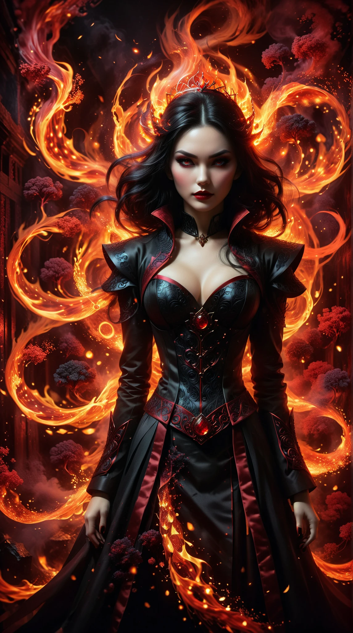 Arafed a dark glamour picture of the queen of demons in the halls of hell, full body shot, a demons queen magnificent and full of awe, black hair, long hair, flowing hair, bold intense eyes, extremely exquisite beautiful queen, perfect body, (anatomically correct: 1.3), ultra feminine, ultra detailed face, black lips, fiery glowing eyes, (demonic horns from head: 1.1) , (red skin: 1.3), dynamic angle, there is (golden crown on her head: 1.1), studded with diamonds and rubies, the hall of the queen of hell background, (masterpiece: 1.4) intense details, highly detailed, photorealistic, best quality, highres,16k, [ultra detailed], masterpiece, best quality, (extremely detailed), close up, ultra wide shot, photorealistic, RAW, fantasy art, dnd art, fantasy art, realistic art,((best quality)), ((masterpiece)), (detailed: 1.5) faize, intense gaze, ral-ntrgmstn, RedGlitter