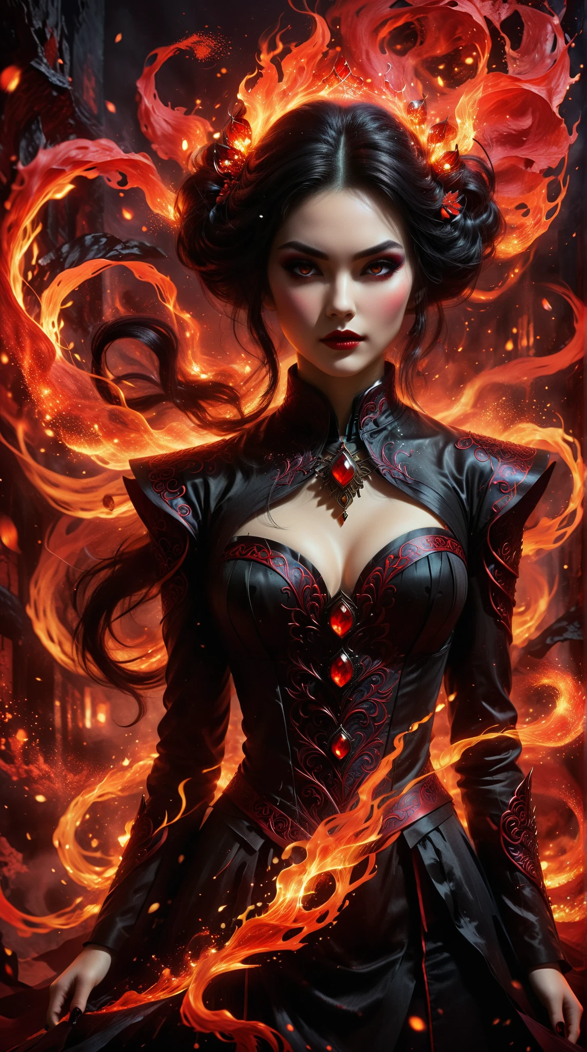 's artistic interpretation of Azula, Princess of Fire ， fusing horror academy and charming sexy looks ， Inspired by Nikita Viprikov 。 infused with black similar to Takada's early cabbage art style Dark and charming atmosphere。 uses a striking black and red palette ，Delivers captivating visuals 。