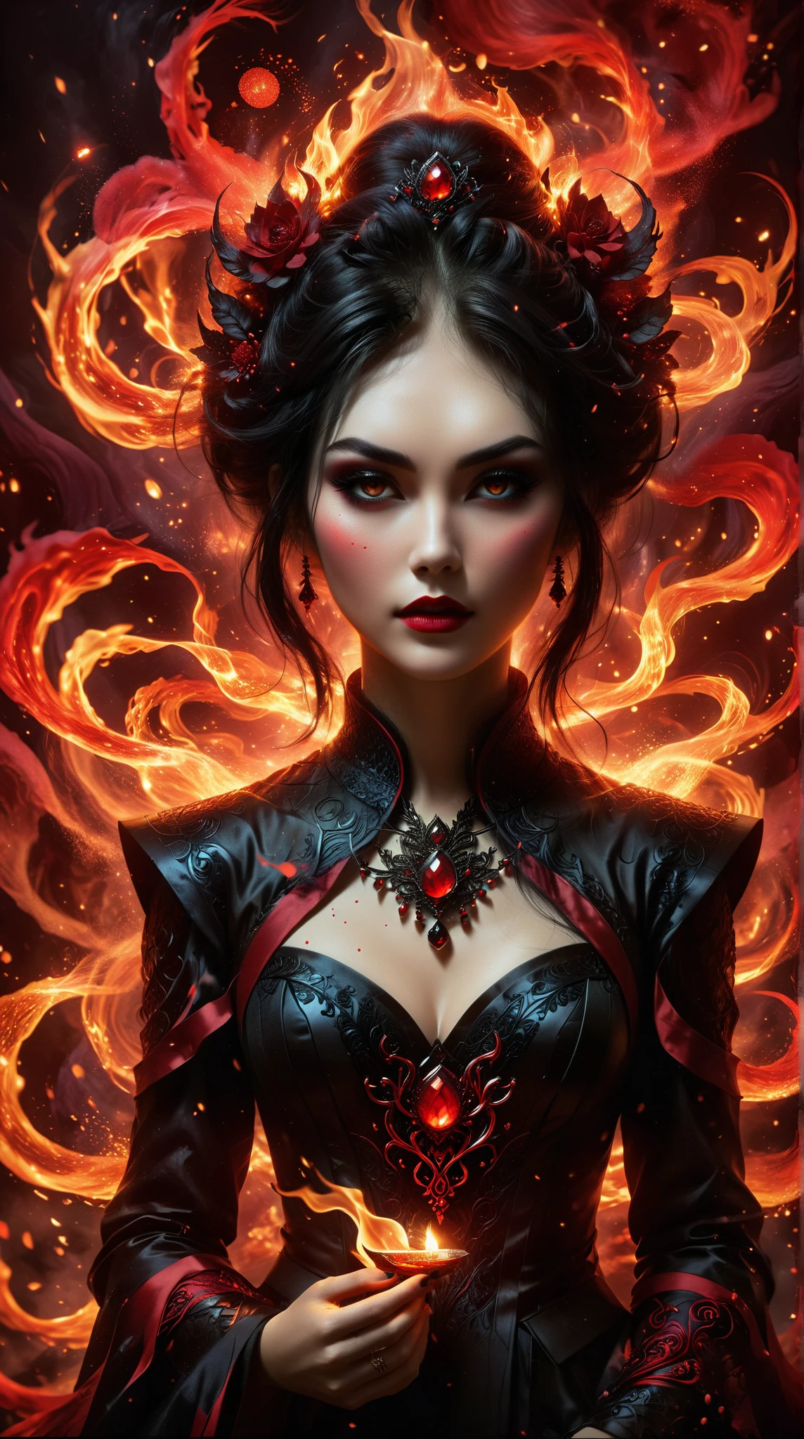 Arafed a dark glamour picture of the queen of demons in the halls of hell, full body shot, a demons queen magnificent and full of awe, black hair, long hair, flowing hair, bold intense eyes, extremely exquisite beautiful queen, perfect body, (anatomically correct: 1.3), ultra feminine, ultra detailed face, black lips, fiery glowing eyes, (demonic horns from head: 1.1) , (red skin: 1.3), dynamic angle, there is (golden crown on her head: 1.1), studded with diamonds and rubies, the hall of the queen of hell background, (masterpiece: 1.4) intense details, highly detailed, photorealistic, best quality, highres,16k, [ultra detailed], masterpiece, best quality, (extremely detailed), close up, ultra wide shot, photorealistic, RAW, fantasy art, dnd art, fantasy art, realistic art,((best quality)), ((masterpiece)), (detailed: 1.5) faize, intense gaze, ral-ntrgmstn, RedGlitter