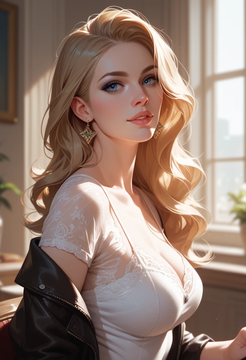 masterpiece, Highest quality, Realistic, Very detailed, Finer details, High resolution, 8k wallpaper, One beautiful woman, Wear a white silk shirt, In a great restaurant, At night, Light brown messy hair, Perfect dynamic composition, Beautiful and beautiful eyes、Big earrings、chest、