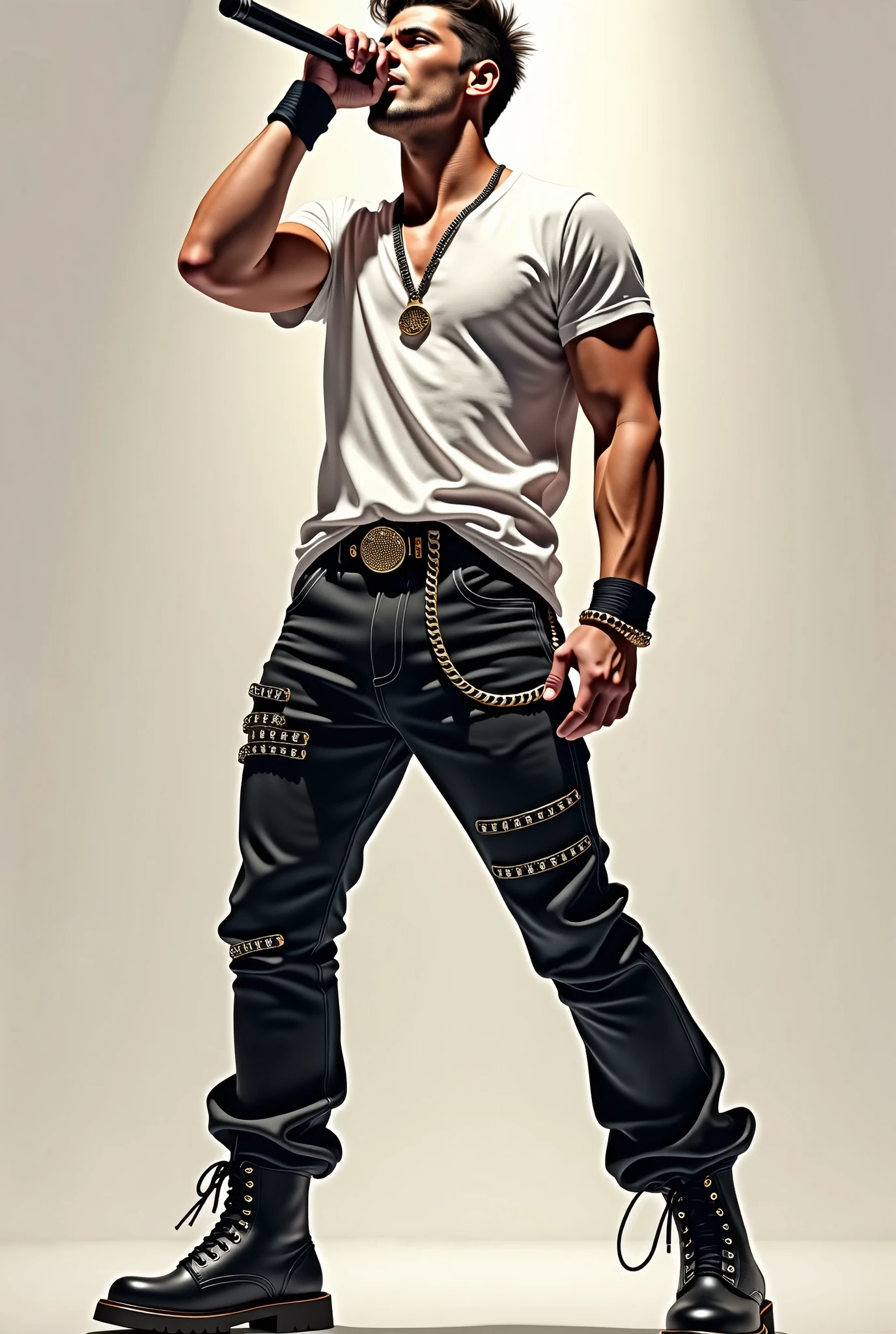 26 year old mexican rapper wearing fingerless gloves and hiking boots and knee high socks and tank top and denim shorts
