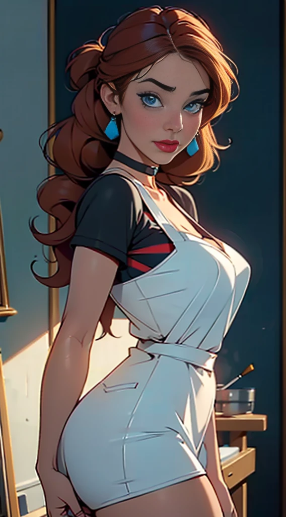 (best quality,highres),(realistic:1.37),(portrait),(studio lighting), ,solo woman,curvy, giant breastt ass,straight awberry blonde hair, dusty blue eyes,full lips, seductive, choker, painter's apron,painter's hat