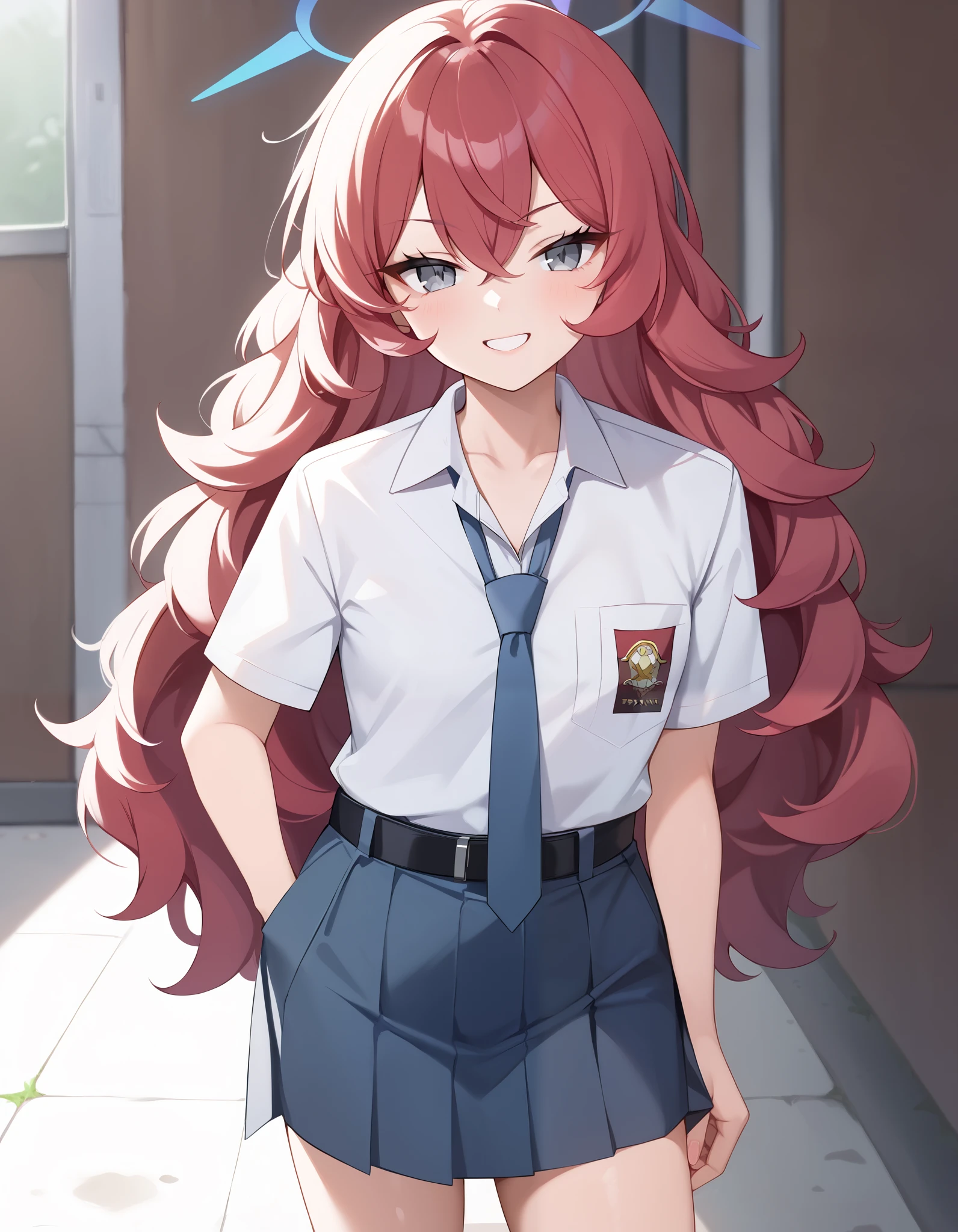 Masterpiece, hd, best quality, iroha \(blue archive\),grey eyes,red hair,long hair,halo, messy hair,  Indonesia high school uniform, wearing white collared shirt, short sleeves, dark blue skirt, (dark blue skirt:1.2), pleated skirt, dark blue neck tie, pocket, school logo on pocket, wearing black belt, outdoor,  smile,  standing, cowboy shot