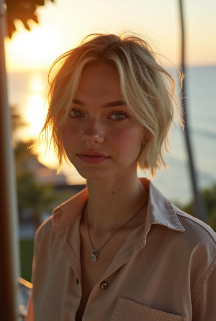 ((Best Quality)) ,((masutepiece)),((hight resolution)),((photorealestic:1.4)), ((RAW photo)),(8K), (1 girl Emma Myers at 15 ),((photo of a  girl )(Emma Myers at 16), (Shirt), (Blonde woman with very short shaggy hair), (extremely short hair), ((so sexy)), ((very extremely beautiful)), hotel balcony in the tropics,  face , actress Sophie Grace at 14, looks into the ocean, Slender, Thin, sculpted hips ,graceful knees, short shorts for small butts , beautiful view from the balcony to the ocean and palm trees, sunset over the ocean, Realistic light, eye shadow, Bottom-front view in (Half-turn) ,very thin and slender girl, girl looking to the right of the camera,(Actress Emma Myers at 16)